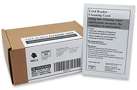 GORILLA SUPPLY Credit Card Cleaning Cards, Dual Side Card Reader Cleaner, POS Terminal Magnetic Head Pre-Saturated Swipe Alcohol-Free CR80 (50 Cards)