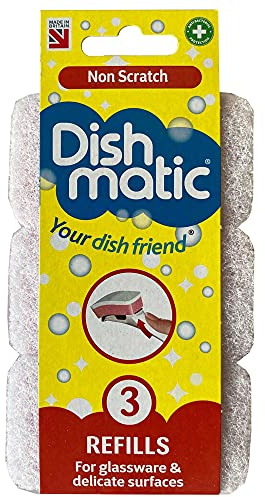 Dishmatic White Non-Scratch Washing-Up Sponge Refill Heads with Antibacterial Abrasive – Kitchen Washing-Up Handle Refills – Pack of 3