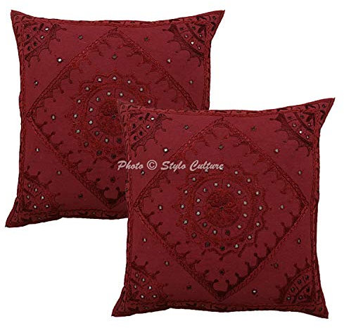 Stylo Culture Indio Fundas De Cojines Decorativos 60x60 cm Algodón Espejado Fundas Almohadones Silla Granate 24x24 Inch Bordado Cuadrado sobre Fundas Cojines Sofa - 2 Pcs