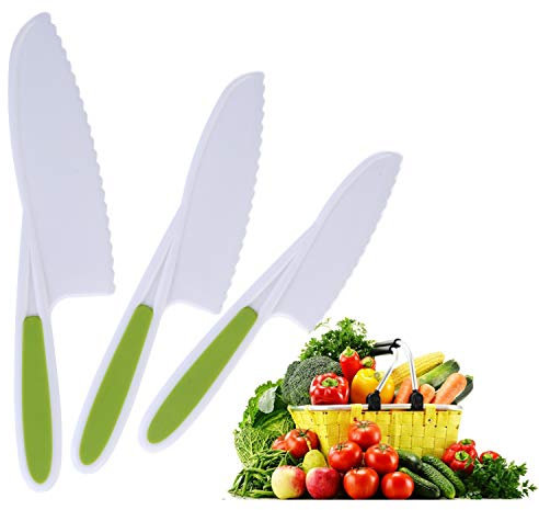Ensemble de couteaux en plastique pour enfants - Couteau à salade pour enfant - Couteau à salade en nylon - Couteau de cuisine parfait pour les fruits, légumes, gâteaux, pain 3-Piece Green