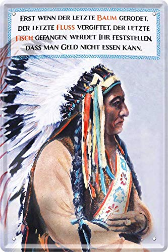 WOGEKA ART Retro Blechschild - Indianer Weisheit - Sitting Bull - witziger Spruch als Geschenk-Idee zum Geburtstag Weihnachten Dekoration 20x30 cm Vintage-Design aus Metall 378
