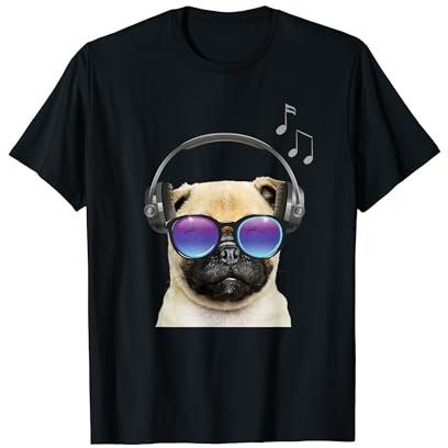 Mops Hund mit Kopfhörer und Sonnenbrille Party Urlaub T-Shirt