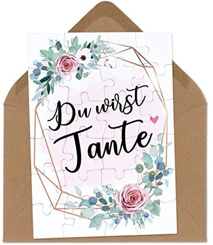 OWLBOOK Du wirst Tante rosa Blumenkranz Puzzle mit Brief-Umschlag Geschenke Geschenkideen für die Familie zur Geburt & Schwangerschaft verkünden