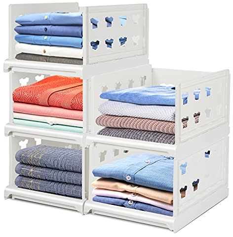 Hossejoy Set of 4 Stackable Wardrobe Storage Organizer Plastic Detachable Shelves Baskets Divider Boxes for Wardrobe Bedroom, White
