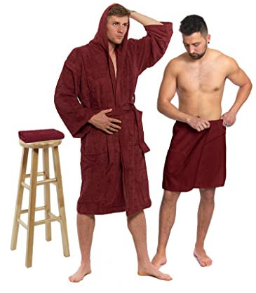 Interkontakt SET - L - Bademantel Herren Frottee mit Kapuze + Saunakilt Herren + Handtuch - 100% Baumwolle OEKO-TEX® Zertifiziert - Verfügbare Größen (S, M, L, XL, XXL) - Bademantel Set - Rot