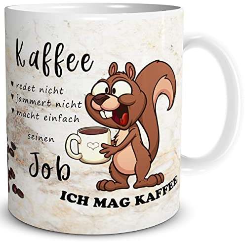 TRIOSK Tasse Eichhörnchen mit Spruch lustig Kaffee redet nicht Geschenk für Arbeit Büro Kaffeeliebhaber Frauen Freundin Männer Kollegen Beige, Keramik 300ml