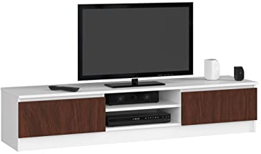 AKORD Fernsehkommode K-160 | EIN offenes Regalfach | 2 Ablagen mit Klapptüren Links und rechts | H33 x B160 x T40 cm | Gewicht 30 kg | Gewicht 30 kg | Farbe Weiß/Wenge