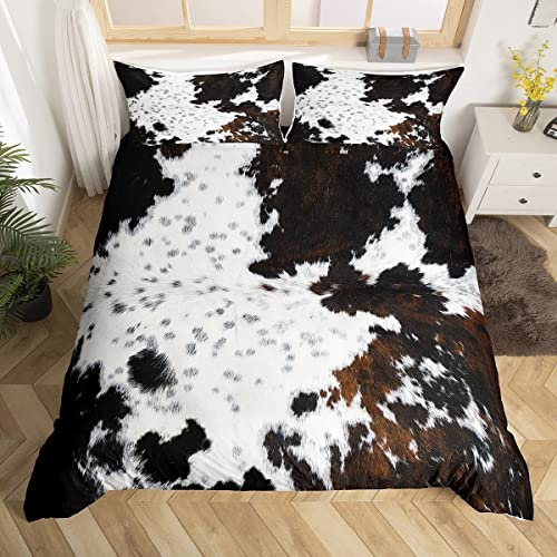 feelingyou Rindsleder-Druck Bettwäsche-Set,Bauernhaus-Tierhaut Bettwäsche Set 135x200cm,Rustikales Kuhfell-Muster Betten Set für Kinder Jungen Mädchen Teenager 2St.Reißverschluss Mikrofaser