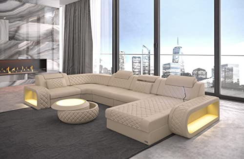 Wohnlandschaft Berlin U Form Leder mit Kopfstützen Sofa mit LED Beleuchtung Moderne Couch (Ottomane rechts, Beige)