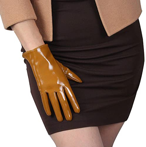 DooWay Kurze Lederhandschuhe für Damen, Wet-Optik, Kunst-Lack, PU, Abend-Kostüm, Cosplay, Partykleid, Handschuhe, 21 cm, Braun, Braun, 21 cm, 85