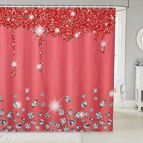 Loussiesd Silver Glitter Shower Curtain (No Glitter) Bling Partyations Red Bathroom Fabric for Diamond and Jewelry Bath Curtain Waterproof Curtains Stalls Bathtubs 72x84 Inch