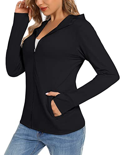 TACVASEN Damen UPF 50+ Rash Guard Atmungsaktiv Sweatjacke Fitness Hoodie Leicht Jacke Outdoor Wandern Shirt mit Kapuze (L, Schwarz)