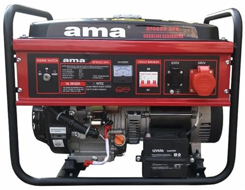AMA Generatore a Benzina Trifase con AVR da 389cc 5,5KW, Avviamento Elettrico, Autonomia 10 Ore, Rosso e Nero, per Officina e Outdoor