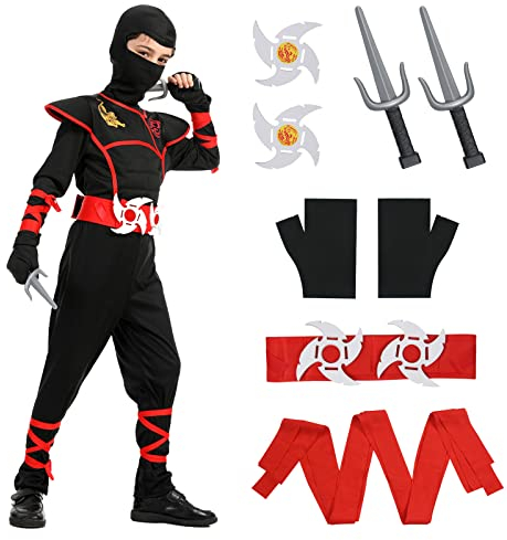Aomig 13pcs Juego de Ninja Mono y Accesorios, Disfraz Niño para Cosplay Anime, Halloween Fiesta, Carnaval, Navidad, Rojo Negro (M)