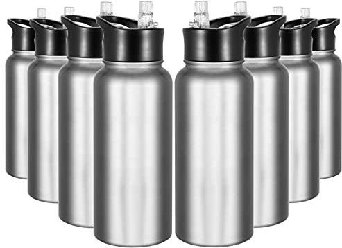 VQRRCKI 32 oz Stainless Steel Insulated Bulk Water Bottles with 2 Lids, BPA Free Reusable Metal Sports Water Bottles Set for Gym Travel Running Hiking Women Men, Stainless Steel 8 Pack