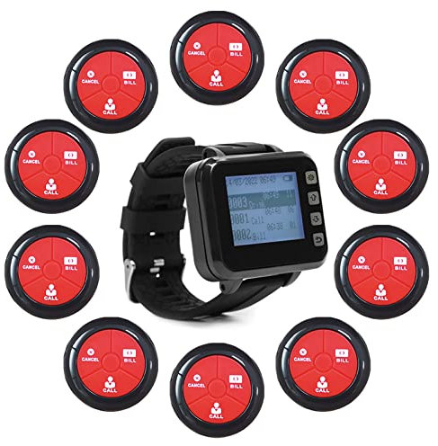 CYSSJF Wireless Calling System Restaurant Pagers Table Calling System, Waiter Calling System with 10 Waterproof Call Buttons and 1 Watch Receiver Suitable for Clinic，Restaurant, Cafes, Factory