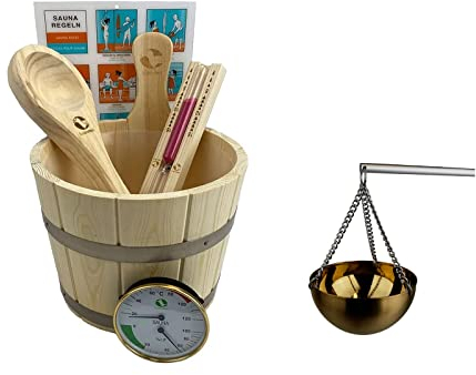 Klassisches Sauna Zubehör Set Premium 5.0/6-teiliges Sauna-Set aus naturbelassenem Kiefernholz plus Sauna Multicup Aromaschale aus Kupfer