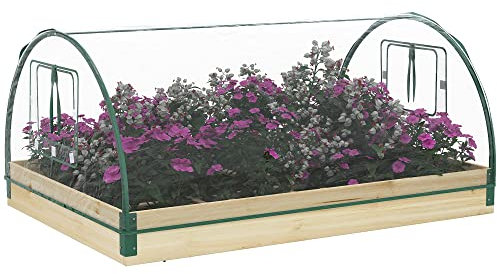 Outsunny Raised Bed with Greenhouse, Wooden Garden Planter Box with PVC Cover, Roll Up Windows, Dual Use for Vegetables, Plants, Flowers, 115 x 80 x 54 cm, Natural Wood Effect