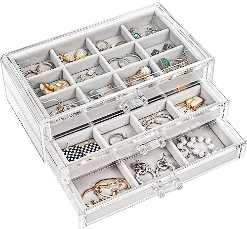 ProCase Acryl Schmuck Organizer Schmuckschatulle für Damen Durchsichtige Schmuckaufbewahrung Schmuckkästchen Schmuckbox mit 3 Schubladen für Ohrringe, Ringe, Armbänder -Grau