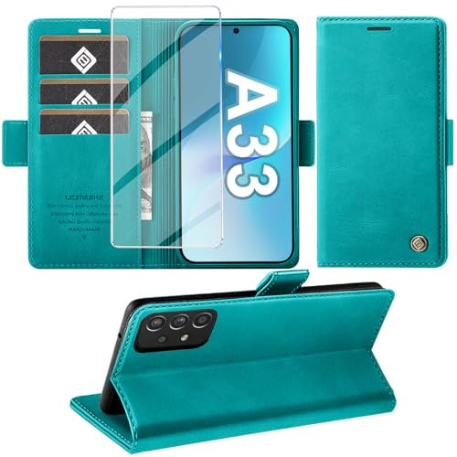 Handyhülle für Samsung Galaxy A33 5G Hülle mit Panzerglas Schutzfolie, Standfunktion Kartenfach Wallet Premium Leder Schutzhülle für Samsung A33 5G Flip Case Klapphülle 6.4 Zoll (Cyan)