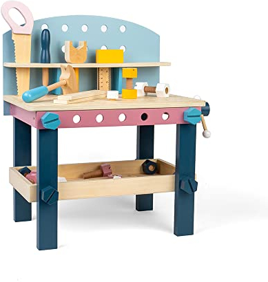 Bigjigs Toys - Holzwerkzeugbank - 15 -teilige Kinder Workbench, Bauspielzeug, Montessori -Kinderwerkzeugset, Spielzeug für 2+ Jahre alte Mädchen & Jungen