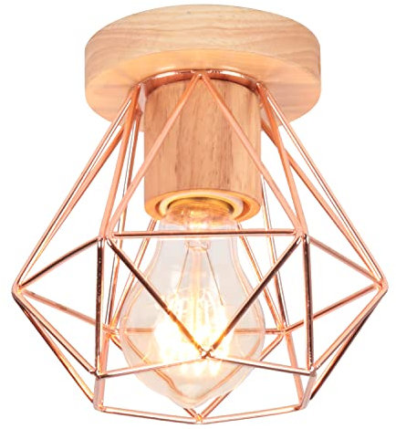 iDEGU Plafonnier Industriel en Bois Métal Design Cage Vintage Lustre Suspension Or Rose Abat-Jour Luminaire E27 Rétro Lampe de Plafond de Rendu pour Chambre Salon Café Entrée Couloir (Cage-A, 16cm)