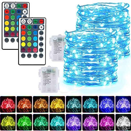 LED Lichterkette mit Batterie 2 Stück 50 LED 16 Farbwechsel Akku RGB Lichterkette Superhelle Lichter mit Fernbedienung Timer für Weihnachtsdekorationen im Innen- und Außenbereich(2 Stück,RGB )…