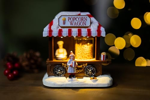 Garden Mile Popcorn Cart Light Up Christmas Decorations - Battery Powered Animated LED Christmas Village Scene Popcorn Wagon - Christmas Musical Ornaments for Village Scene Display