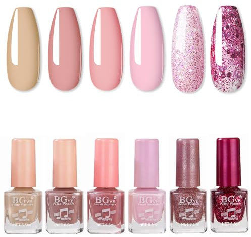 6PC Pink Glitter and Nude Nail Polish Set - Quick Dry & Long Lasting Varnish Gift Set - Oil-Based Formula for DIY Nail Art No Need Baking