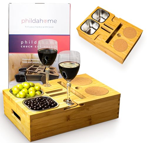 Phildahome Couch-Getränkehalter und Snack-Halter, Bambus-Sofa-Wein- und Bierhalter, Fernbedienungsaufbewahrung, bmb001