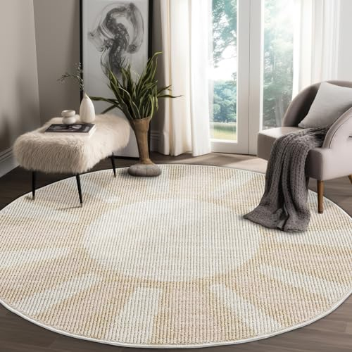 payé Teppich Rund - 200x200cm - Beige Rosa - Sonnen Muster - Boho Frasen Teppiche - Wohnteppich Deko