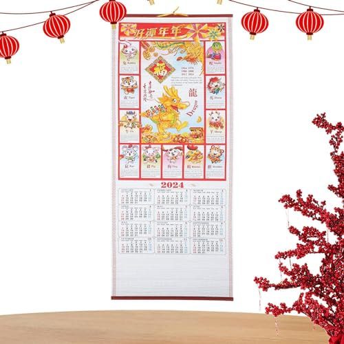 Calendrier Mural Chinois 2024, Calendrier Mural Chinois du Dragon | Calendrier Chinois Chinois Fengshui, Calendrier Mural Chinois Meindin