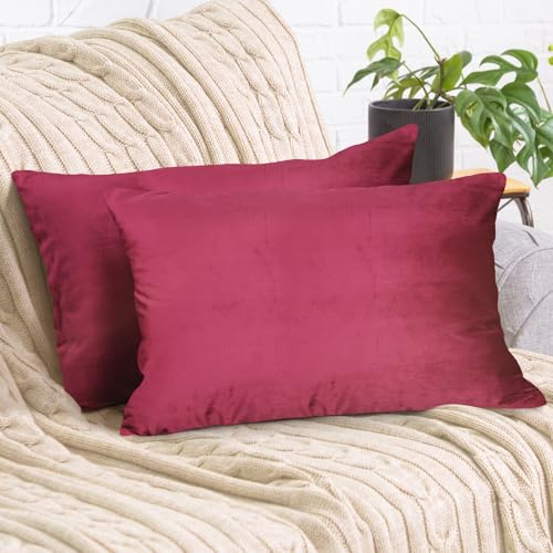 Cozyor 2er Set Kissenbezug 40x60 cm rot Samt flauschig weich Sofakissen Dekokissenbezug Kissenhülle für Couch, Schlafzimmer, Wohnzimmer & Balkon, Bordeaux Berry, mit verstecktem Reißverschluss