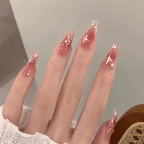 Moguri 24 Stück rosa diamanten künstliche Nägel zum Aufdrücken, mittlere Länge, glänzend, weiß, silberfarben, künstliche Nägel, Sterne, Mond