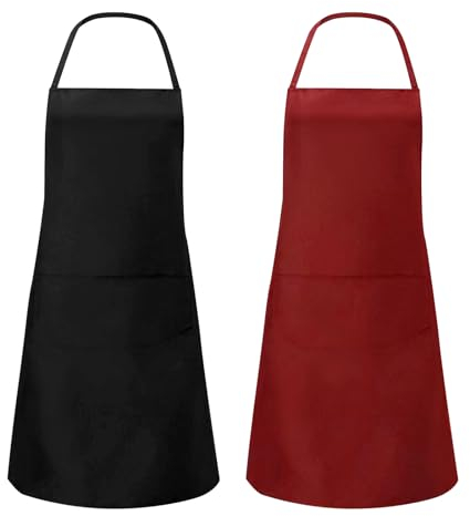 XNIVUIS 2 Piezas Delantal de Cocina, Delantal Ajustable Impermeable para Hombres y Mujeres Delantales para Cocina casera, Restaurante, cafetería, Hornear, jardinería, Barbacoa, Pintura (negro, rojo)