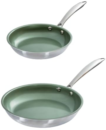 Just Vegan, Ceravegan Edelstahl ECO Bratpfanne 2pcs – 20cm +28cm, 100% vegan, pflanzliche Antihaftbeschichtung - Avocadoöl – langlebige Pfanne - Mit KOSTENLOSER Topfschutz