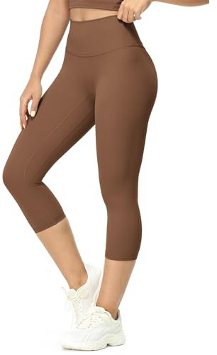 icyzone Damen Sport Leggings 3/4 Hohe Taille Gym Capri Blickdicht Yogahose Sporthose (Chestnut Brown, M)