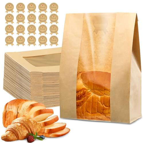 25 bolsas de pan para pan casero, bolsas de papel de masa madre con ventana, 50 % más gruesas, 13.7 x 8.2 x 3.7 pulgadas, una bolsa grande de panadería utilizada para almacenar galletas de panadería y