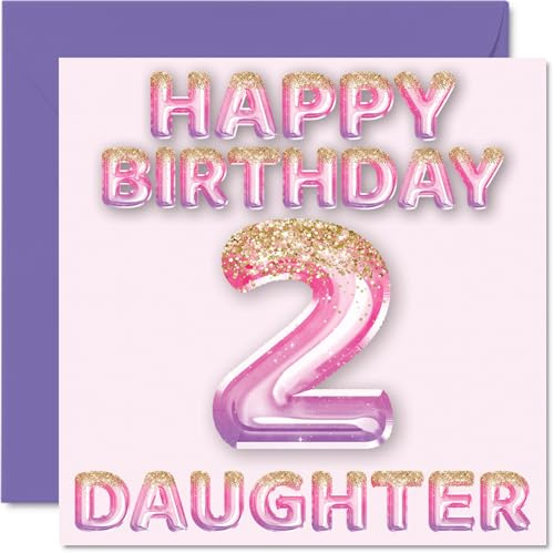 2nd Birthday Card for Daughter, Pink & Purple Glitter Balloons | Happy Birthday Cards for 2 Year Old Daughter from Mum or Dad Mummy Daddy Parents, 145mm Bday Greeting Cards Gift