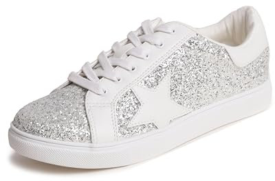 Feversole Women's Featured PU Leather Lace Up Star Sneaker,Stella Sneakers Stringate in Pelle PU da Donna Stella Argento Ghiaccio Bianco 39EU