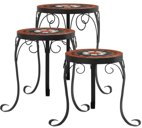 vidaXL Pflanzenständer 3 STK., Blumenständer mit Eisengestell, Blumenhocker für Terrasse Balkon Garten, Pflanzenhocker, Terrakottarot Weiß Keramik