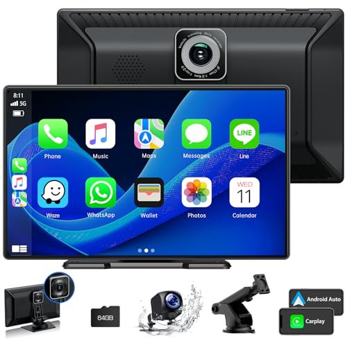 HOTPEAK 9'' A-pple Carplay Screen for Car with 2.5K Dash Cam,1080p Backup Camera, Portable Wireless CarPlay Android Auto Screen with Mirror Link, GPS Navigation, Voice Assistant, Loop Recording