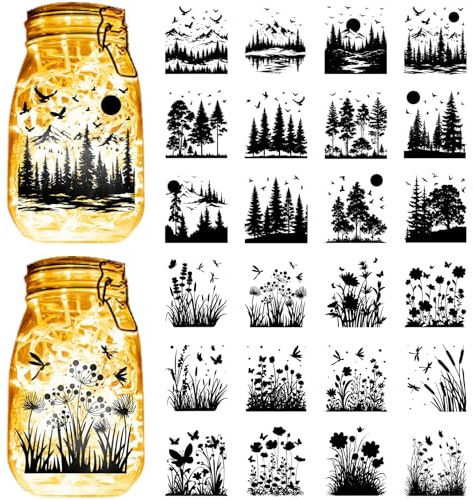 CREATCABIN 24 Stück Waldpflanzen Silhouetten Aufkleber Für Gläser Laternengläser Landschaftssilhouetten Selbstklebende Ausschnitte Papier wasserdichte PVC Ausschnitte Aufkleber Für Wände Glas 9x10cm
