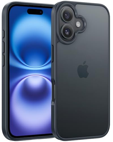 FNTCASE for iPhone 16 Phone Case: Frosted Translucent Matte Shockproof Slim Protective Case - Military Grade Drop Proof Anti-Fingerprint Hard Back Cell Phone Cover (6.1 inch/Black)
