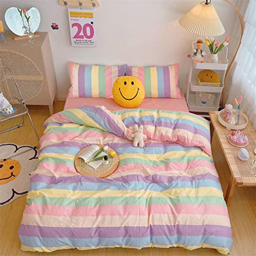 Koudi Bunt Kinder Bettwäsche 155x220 Mädchenbettwäsche Mehrfarbig Regenbogen Streifen Muster Bettbezug Reißverschluss mit Kissenbezug 80x80cm