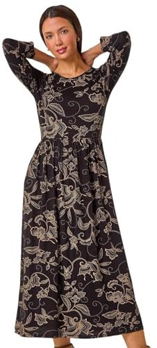 Roman Originals Midi Dress with Pockets for Women UK Ladies Stretchy Jersey Maxi Long 3/4 Length Sleeve Gathered High Waist Boho Flattering Skater Swing Fit Flare - Tan - Size 16