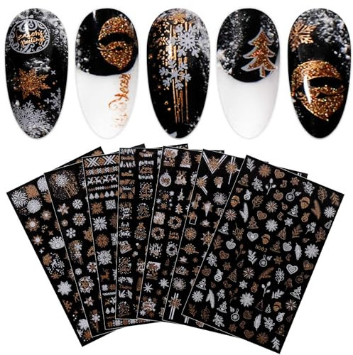 JMEOWIO Nagelsticker Weihnachten Glitzer 8 Blatt Nail Art Sticker Selbstklebend Nagelaufkleber Gold Weiß Dekoration Nageldesign Zubehör
