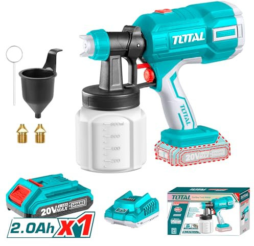 TOTAL - Pistola per Verniciare a Batteria 20V - Spruzzatore Regolabile 0,1 e 0,2 Bar - Capacità 800 ml/min - Include Batteria 2Ah, Caricabatterie e Valigetta - Ideale per Interni ed Esterni