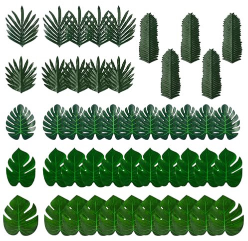 Hojas de Palma Artificiales, 45 Piezas de 6 Tipos de Hojas Falsas, Plantas tropicales de Monstera falsas para Cumpleaños Decoración Boda de Mesa y Pared Hojas de Selva Sintética Safari Hawaiian Fiesta