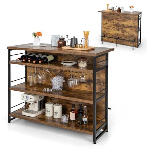 Giantex Isla de Cocina 4 Niveles, 120 x 60 x 101 cm, Mesa de Bar con Estantes de Almacenamiento, Mesa Alta con Portabotellas y Portavasos, Mueble Auxiliar para Cocina, Comedor, Bar (Marrón Rústico)